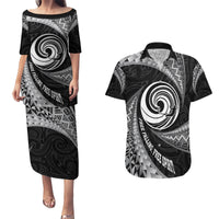 Personalised New Zealand Bungy Jumping Couples Matching Puletasi Dress and Hawaiian Shirt Maori Pattern LT05 Black - Polynesian Pride