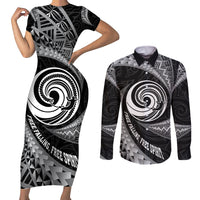 Personalised New Zealand Bungy Jumping Couples Matching Short Sleeve Bodycon Dress and Long Sleeve Button Shirt Maori Pattern LT05 Black - Polynesian Pride