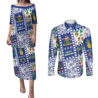 Northern Mariana Islands Christmas Couples Matching Puletasi and Long Sleeve Button Shirt Festive Beach Vibes LT05 Blue - Polynesian Pride
