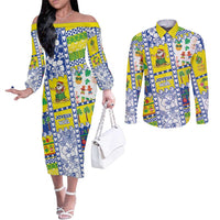 New Caledonia Christmas Couples Matching Off The Shoulder Long Sleeve Dress and Long Sleeve Button Shirt Festive Beach Vibes - Polynesian Pride