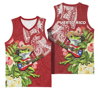 Puerto Rico Coqui Frog Basketball Jersey Tropical Flowers Polynesian Style - Polynesian Pride
