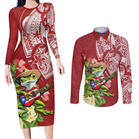 Puerto Rico Coqui Frog Couples Matching Long Sleeve Bodycon Dress and Long Sleeve Button Shirt Tropical Flowers Polynesian Style - Polynesian Pride