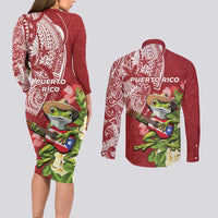 Puerto Rico Coqui Frog Couples Matching Long Sleeve Bodycon Dress and Long Sleeve Button Shirt Tropical Flowers Polynesian Style - Polynesian Pride