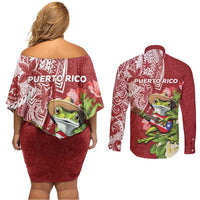 Puerto Rico Coqui Frog Couples Matching Off Shoulder Short Dress and Long Sleeve Button Shirt Tropical Flowers Polynesian Style - Polynesian Pride