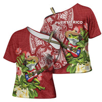 Puerto Rico Coqui Frog Cross Shoulder Shirt Tropical Flowers Polynesian Style - Polynesian Pride