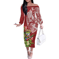 Puerto Rico Coqui Frog Family Matching Off The Shoulder Long Sleeve Dress and Hawaiian Shirt Tropical Flowers Polynesian Style - Polynesian Pride