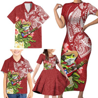 Puerto Rico Coqui Frog Family Matching Short Sleeve Bodycon Dress and Hawaiian Shirt Tropical Flowers Polynesian Style - Polynesian Pride