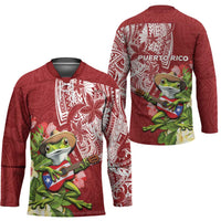 Puerto Rico Coqui Frog Hockey Jersey Tropical Flowers Polynesian Style - Polynesian Pride