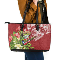 Puerto Rico Coqui Frog Leather Tote Bag Tropical Flowers Polynesian Style - Polynesian Pride