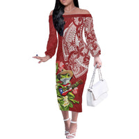 Puerto Rico Coqui Frog Off The Shoulder Long Sleeve Dress Tropical Flowers Polynesian Style - Polynesian Pride