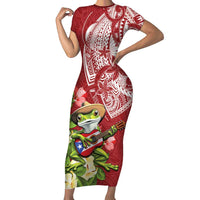 Puerto Rico Coqui Frog Short Sleeve Bodycon Dress Tropical Flowers Polynesian Style - Polynesian Pride