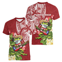 Puerto Rico Coqui Frog Women V-Neck T-Shirt Tropical Flowers Polynesian Style - Polynesian Pride