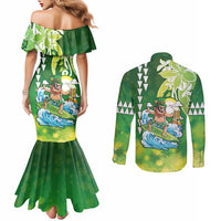 Hawaii Saint Patrick's Day Couples Matching Mermaid Dress and Long Sleeve Button Shirt Funny Surfing Leprechaun