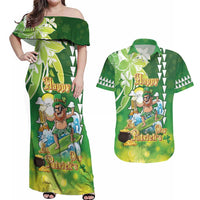 Hawaii Saint Patrick's Day Couples Matching Off Shoulder Maxi Dress and Hawaiian Shirt Funny Surfing Leprechaun
