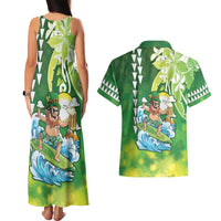 Hawaii Saint Patrick's Day Couples Matching Tank Maxi Dress and Hawaiian Shirt Funny Surfing Leprechaun