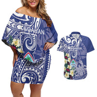Personalised Hafa Adai Guam Couples Matching Off Shoulder Short Dress and Hawaiian Shirt Latte Stone With Coconut Crab