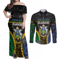 Personalised South Sea Islanders And Solomon Islands Couples Matching Off Shoulder Maxi Dress and Long Sleeve Button Shirt Kanakas Polynesian Pattern LT05 Black - Polynesian Pride