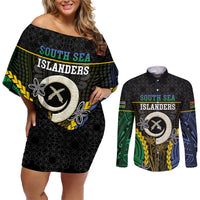 Personalised South Sea Islanders And Vanuatu Couples Matching Off Shoulder Short Dress and Long Sleeve Button Shirt Kanakas Sand Drawing Pattern