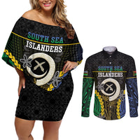Personalised South Sea Islanders And Vanuatu Couples Matching Off Shoulder Short Dress and Long Sleeve Button Shirt Kanakas Sand Drawing Pattern LT05 Black - Polynesian Pride