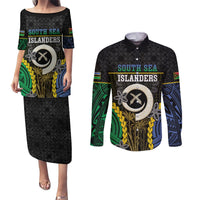 Personalised South Sea Islanders And Vanuatu Couples Matching Puletasi and Long Sleeve Button Shirt Kanakas Sand Drawing Pattern LT05 Black - Polynesian Pride