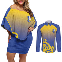 Custom James Cook High School Couples Matching Off Shoulder Short Dress and Long Sleeve Button Shirt Maori Koru Pattern LT05 Blue - Polynesian Pride