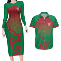 Custom Onehunga High School Couples Matching Long Sleeve Bodycon Dress and Hawaiian Shirt Maori Koru Pattern LT05 Green - Polynesian Pride