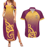Custom Waiuku College Couples Matching Summer Maxi Dress and Hawaiian Shirt Maori Koru Pattern LT05 Maroon - Polynesian Pride