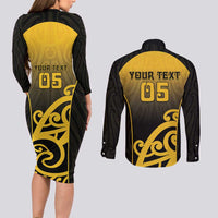 Custom Motueka High School Couples Matching Long Sleeve Bodycon Dress and Long Sleeve Button Shirt Maori Koru Pattern