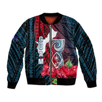 Guam Sleeve Zip Bomber Jacket Latte Stone Mix Bougainvillea Polynesian Pattern LT05 Unisex Blue - Polynesian Pride