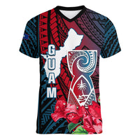 Guam Women V Neck T Shirt Latte Stone Mix Bougainvillea Polynesian Pattern LT05 Female Blue - Polynesian Pride
