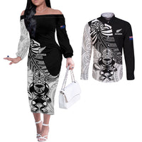 New Zealand Silver Fern Rugby Couples Matching Off The Shoulder Long Sleeve Dress and Long Sleeve Button Shirts World Cup 2023 Go Aotearoa Maori Pattern LT05 Black - Polynesian Pride