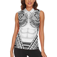 Polynesian Tattoo Inspired Cosplay Costume Women Sleeveless Polo Shirt Tribal Warrior White - Polynesian Pride
