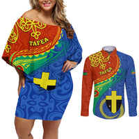 tafea-day-couples-matching-off-shoulder-short-dress-and-long-sleeve-button-shirts-sand-drawing-vanuatuan-pattern