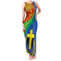 Personalized Tafea Day Family Matching Tank Maxi Dress and Hawaiian Shirt Sand Drawing Vanuatuan Pattern LT05 Mom's Dress Blue - Polynesian Pride