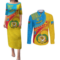 Personalized Torba Day Couples Matching Puletasi Dress and Long Sleeve Button Shirts Sand Drawing Vanuatuan Pattern LT05 Yellow - Polynesian Pride
