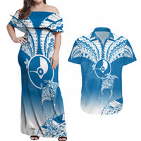 FSM Yap Constitution Day Couples Matching Off Shoulder Maxi Dress and Hawaiian Shirt Polynesian Batoids LT05 Blue - Polynesian Pride
