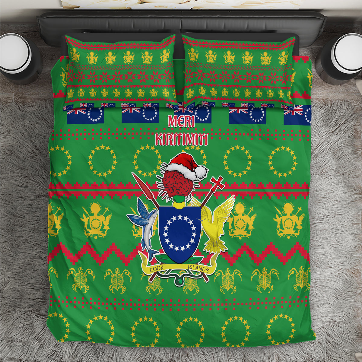 Cook Islands Christmas Bedding Set Santa Coat Of Arms Meri Kiritimiti LT05 Green - Polynesian Pride