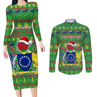 Personalised Cook Islands Christmas Couples Matching Long Sleeve Bodycon Dress and Long Sleeve Button Shirt Santa Coat Of Arms Meri Kiritimiti LT05 Green - Polynesian Pride