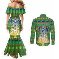 Personalised Cook Islands Christmas Couples Matching Mermaid Dress and Long Sleeve Button Shirt Santa Coat Of Arms Meri Kiritimiti LT05 - Polynesian Pride