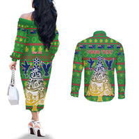 Personalised Cook Islands Christmas Couples Matching Off The Shoulder Long Sleeve Dress and Long Sleeve Button Shirt Santa Coat Of Arms Meri Kiritimiti LT05 - Polynesian Pride