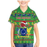 Personalised Cook Islands Christmas Family Matching Mermaid Dress and Hawaiian Shirt Santa Coat Of Arms Meri Kiritimiti LT05 Son's Shirt Green - Polynesian Pride