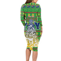 Personalised Cook Islands Christmas Long Sleeve Bodycon Dress Santa Coat Of Arms Meri Kiritimiti LT05 - Polynesian Pride