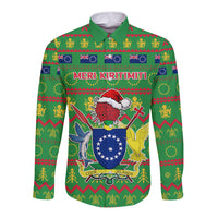 Personalised Cook Islands Christmas Long Sleeve Button Shirt Santa Coat Of Arms Meri Kiritimiti LT05 Unisex Green - Polynesian Pride