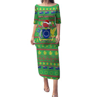 Personalised Cook Islands Christmas Puletasi Santa Coat Of Arms Meri Kiritimiti LT05 Long Dress Green - Polynesian Pride