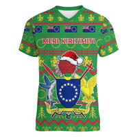 Personalised Cook Islands Christmas Women V Neck T Shirt Santa Coat Of Arms Meri Kiritimiti LT05 Female Green - Polynesian Pride