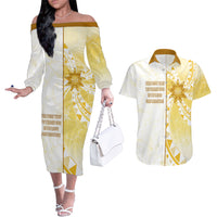 Personalised Polynesia Couples Matching Off The Shoulder Long Sleeve Dress and Hawaiian Shirt Bahai Faith Symbol LT05 Yellow - Polynesian Pride