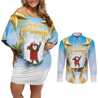 Fiji Christmas Couples Matching Off Shoulder Short Dress and Long Sleeve Button Shirt Snow Globe With Fijian Santa LT05