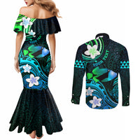 Personalised Hawaii Humuhumu Reef Triggerfish Couples Matching Mermaid Dress and Long Sleeve Button Shirt Turquoise With Plumeria LT05 - Polynesian Pride