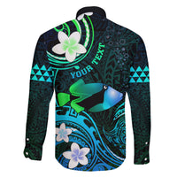 Personalised Hawaii Humuhumu Reef Triggerfish Family Matching Off Shoulder Long Sleeve Dress and Hawaiian Shirt Turquoise With Plumeria LT05 - Polynesian Pride
