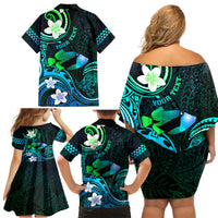 Personalised Hawaii Humuhumu Reef Triggerfish Family Matching Off Shoulder Short Dress and Hawaiian Shirt Turquoise With Plumeria LT05 - Polynesian Pride
